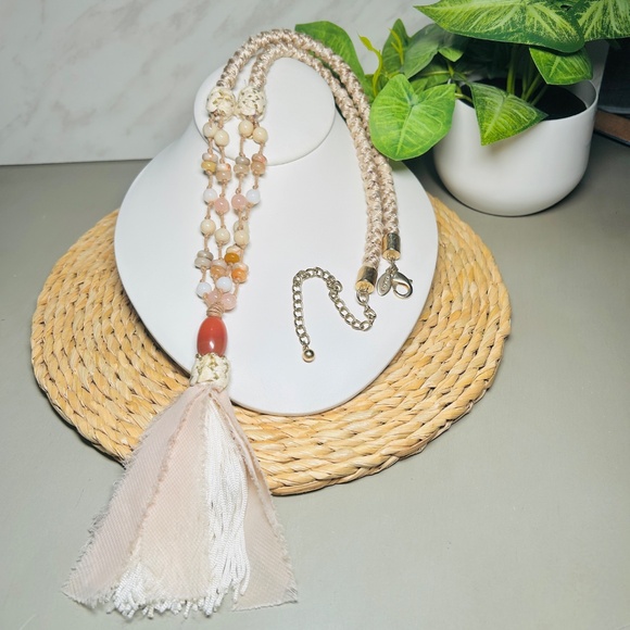 CHICO’S Coral and Cream colored double-strand corded beaded tassel necklace - Picture 9 of 13